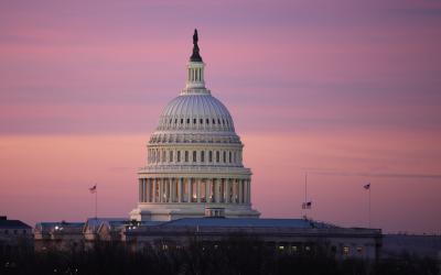 The United States capitol dome at dawn