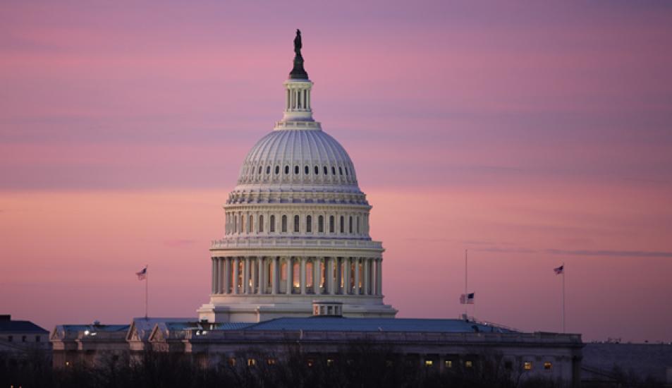 The United States capitol dome at dawn